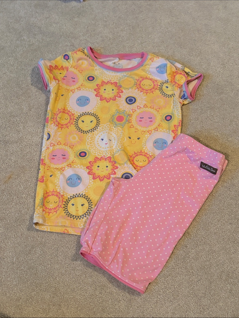 Matilda Jane Yellow Sun Print Top with Pink Polka Dot Shorts, size 10